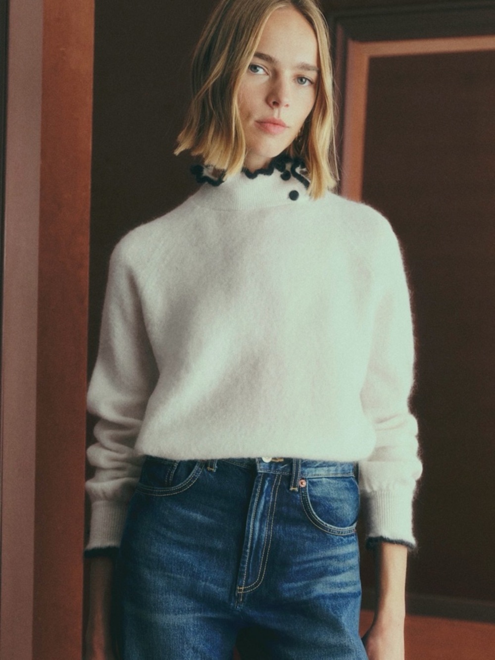 Sezane Cream Mock-Neck Sweater with Black Trim